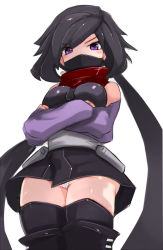 Rule 34 | 10s, 1girl, ayame (gundam build divers), black footwear, black hair, black thighhighs, boots, commentary request, crossed arms, elbow gloves, fingerless gloves, gloves, gundam, gundam build divers, hip armor, japanese clothes, karukan (monjya), kimono, knee boots, long hair, looking at viewer, mask, mouth mask, ninja, ninja mask, panties, purple eyes, red scarf, scarf, short kimono, sidelocks, sleeveless, solo, split ponytail, thighhighs, thighhighs under boots, underwear, very long hair, white panties