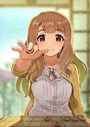 Rule 34 | 1girl, blurry, blurry background, blurry foreground, blush, board game, breasts, brown eyes, brown hair, closed mouth, collarbone, commentary, day, depth of field, highres, holding, holding shogi piece, idolmaster, idolmaster million live!, indoors, kamille (vcx68), long hair, long sleeves, looking at viewer, medium breasts, miyao miya, playing games, revision, shogi, shogi piece, smile, solo, upper body