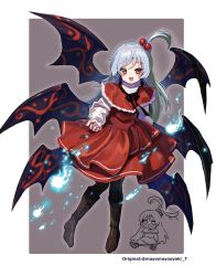 Rule 34 | 1girl, :d, black footwear, boots, chibi, chibi inset, dress, full body, hair bobbles, hair ornament, highres, hitodama, howhow notei, long hair, long sleeves, multiple wings, one side up, open mouth, pantyhose, red eyes, shinki (touhou), smile, solo, touhou, touhou (pc-98), wings