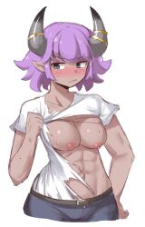 Rule 34 | 1girl, abs, blue eyes, breasts, commentary, dark-skinned female, dark skin, embarrassed, english commentary, freckles, horns, medium breasts, medium hair, muscular, muscular female, navel, nipples, original, pointy ears, purple hair, shirt, sifserf, solo, tearing clothes, torn clothes, torn shirt, white shirt