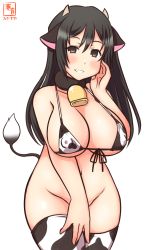 Rule 34 | alternate costume, anal tail, animal ears, animal print, artist logo, bell, bikini, black eyes, black hair, bottomless, breasts, chikuma (kancolle), cleavage, commentary request, convenient arm, covered erect nipples, cow ears, cow horns, cow print, cow tail, cowbell, cowboy shot, dated, fake animal ears, fake horns, fake tail, front-tie top, groin, highres, horns, kanon (kurogane knights), kantai collection, large breasts, long hair, micro bikini, one-hour drawing challenge, simple background, solo, standing, swimsuit, tail, thighhighs, white background, white bikini, white thighhighs