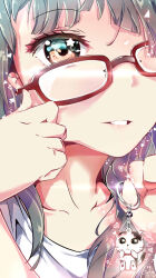 Rule 34 | 1girl, :3, adjusting eyewear, animal charm, artist name, black hair, blunt bangs, bright pupils, brown eyes, casual, cat, close-up, collarbone, commentary, glasses, hand on own face, heart, highres, holding, charm (object), lips, original, parted lips, qifa, rectangular eyewear, red-framed eyewear, shirt, solo, sparkle, star-shaped pupils, star (symbol), symbol-shaped pupils, symbol in eye, t-shirt, upper body, white shirt