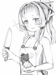 Rule 34 | 1girl, apron, bad id, bad pixiv id, blush, dot nose, flat chest, greyscale, grin, highres, holding, holding knife, hololive, knife, looking at viewer, monochrome, murasaki shion, naked apron, nanashi (nlo), onion, ponytail, simple background, smile, solo, upper body, virtual youtuber, white background