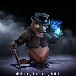 Rule 34 | animal, borrowed character, brown eyes, cane, cape, chain, formal, furry, glasses, hat, highres, magic, non-web source, original, platypus, smile, suit, tail, top hat, webbed feet, webbed hands