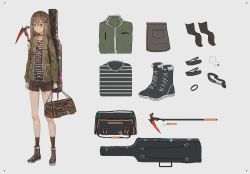 Rule 34 | 1girl, absurdres, aer7o, bad id, bad pixiv id, bag, boots, brown footwear, brown hair, brown shorts, brown socks, character sheet, cross, cross necklace, green eyes, green jacket, grey background, hair between eyes, hair ornament, hairclip, highres, holding, holding bag, instrument case, jacket, jewelry, long hair, long sleeves, necklace, open clothes, open jacket, original, scythe, shirt, short shorts, shorts, simple background, socks, solo, striped clothes, striped shirt