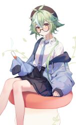 Rule 34 | 1girl, alternate costume, animal ears, beret, black hat, black skirt, blue jacket, blue necktie, casual, closed mouth, collared shirt, commentary request, feet out of frame, genshin impact, glasses, green hair, hat, highres, holding, holding test tube, jacket, long sleeves, looking at viewer, lumo 1121, multicolored hair, mushroom, necktie, open clothes, open jacket, orange eyes, semi-rimless eyewear, shirt, shirt tucked in, short hair, sitting, skirt, sleeves past fingers, sleeves past wrists, smile, solo, streaked hair, sucrose (genshin impact), test tube, tie clip, under-rim eyewear, white hair, white shirt