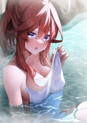 Rule 34 | 1girl, absurdres, ahoge, blush, breasts, brown hair, cleavage, collarbone, commentary request, covering privates, go-toubun no hanayome, hair between eyes, highres, looking at viewer, medium breasts, nakano itsuki, nude cover, onsen, partially submerged, ponytail, purple eyes, rock, sidelocks, slope (check238), solo, steam, towel, water drop, wet, wet hair, white towel
