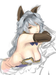 Rule 34 | 10s, 1girl, animal ears, bare shoulders, breasts, cat ears, cleavage, erune, granblue fantasy, hairband, heles, highres, kumiko shiba, long hair, looking at viewer, silver hair, simple background, sketch, solo, white background, yellow eyes