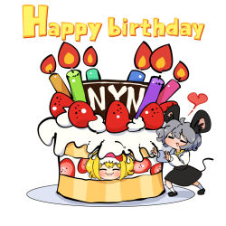 Rule 34 | 2girls, alice margatroid, animal ears, birthday cake, black footwear, black skirt, black vest, blonde hair, blush, cake, candle, closed eyes, cookie (touhou), fire, food, fruit, full body, gram 9, grey hair, happy birthday, heart, ichigo (cookie), icing, long sleeves, mouse ears, mouse girl, mouse tail, multiple girls, nazrin, nyon (cookie), open mouth, shirt, shoes, short hair, simple background, skirt, smile, socks, strawberry, strawberry shortcake, tail, touhou, vest, white background, white shirt, white socks