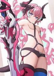 Rule 34 | 1girl, :i, armpits, asymmetrical legwear, bare shoulders, blue eyes, blue thighhighs, breasts, budesonide, censored, censored nipples, closed mouth, highres, honkai (series), honkai impact 3rd, horns, looking at viewer, looking down, mismatched legwear, multicolored hair, pink hair, pink thighhighs, rozaliya olenyeva, rozaliya olenyeva (fervent tempo), small breasts, solo, streaked hair, sword, tail, thighhighs, thighs, underboob, weapon