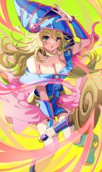 Rule 34 | 1girl, bare shoulders, blonde hair, blue dress, blue hat, blush, breasts, cleavage, commentary request, dark magician girl, dress, duel monster, floating, green eyes, hand up, hat, highres, holding, holding wand, long hair, looking at viewer, medium breasts, open mouth, sakatsuki yakumo, solo, wand, wizard hat, yellow background, yu-gi-oh!