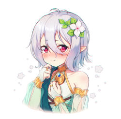 Rule 34 | 1girl, bad id, bad pixiv id, bare shoulders, blush, bridal gauntlets, closed mouth, commentary request, cropped torso, detached sleeves, dress, flower, foreign blue, green dress, green sleeves, hair between eyes, hair flower, hair ornament, hands up, kokkoro (princess connect!), long sleeves, looking at viewer, nose blush, pointy ears, princess connect!, puffy long sleeves, puffy sleeves, red eyes, see-through, see-through sleeves, silver hair, sleeveless, sleeveless dress, solo, upper body, white background, white flower