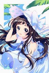 Rule 34 | 1girl, :d, back bow, bare arms, blue bow, blue neckerchief, blue ribbon, border, bow, brown eyes, brown hair, commentary, day, dress, hand on own head, hat, hat bow, hat ribbon, highres, kaze-hime, leaning forward, long hair, looking at viewer, neckerchief, open mouth, original, outside border, ribbon, sailor dress, sleeveless, sleeveless dress, smile, solo, summer, sun hat, sundress, white border, white dress, white hat