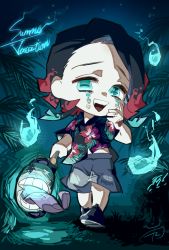 Rule 34 | 1boy, :d, alternate costume, black hair, black shirt, blue eyes, chirimen ame, collared shirt, enmu (kimetsu no yaiba), extra mouth, floral print, full body, hand mouth, highres, holding, holding lantern, kimetsu no yaiba, lantern, looking at viewer, male focus, multicolored hair, night, open mouth, outdoors, pale skin, red hair, shirt, shorts, smile, solo, summer, symbol-shaped pupils, teeth, two-tone hair, upper teeth only, walking