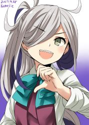 Rule 34 | 10s, 1girl, 2017, ahoge, artist name, asashimo (kancolle), bow, bowtie, dated, gradient background, grey eyes, hair over one eye, highres, kamelie, kantai collection, long hair, looking at viewer, open mouth, ponytail, purple background, school uniform, sharp teeth, shirt, silver hair, solo, teeth, upper body, white shirt