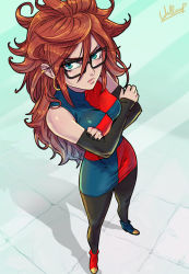 Rule 34 | 1girl, android 21, arm warmers, artist request, bare shoulders, big hair, black-framed eyewear, black nails, black pantyhose, blue eyes, breasts, brown hair, crossed arms, curly hair, dragon ball, dragon ball fighterz, dress, earrings, female focus, full body, glasses, hoop earrings, jewelry, long hair, multicolored boots, multicolored clothes, multicolored dress, nail polish, pantyhose, solo, standing