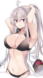Rule 34 | 1girl, ahoge, arms up, bikini, bikini under clothes, black bikini, breasts, cowboy shot, cropped torso, facial scar, fathom, gangut (kancolle), grey hair, highres, holding, holding hair, jacket, jacket on shoulders, kantai collection, large breasts, long hair, military jacket, red eyes, scar, scar on cheek, scar on face, simple background, solo, swimsuit, swimsuit under clothes, white background, white jacker
