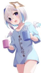Rule 34 | 1girl, alternate costume, amane kanata, angel, angel wings, blue hair, blue shirt, coffee cup, cup, disposable cup, fragir, grey hair, hair intakes, halo, highres, holding, holding cup, hololive, looking at viewer, naked shirt, open mouth, pp tenshi t-shirt, purple eyes, shirt, short hair, smile, star halo, virtual youtuber, white background, wings