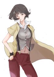Rule 34 | 1girl, abs, black wristband, bob cut, brown eyes, button gap, closed mouth, collared shirt, commentary, cowboy shot, expressionless, floating clothes, floating hair, grey shirt, hair ornament, hairclip, hand in pocket, highres, kagenui yozuru, looking at viewer, midriff, monogatari (series), multicolored hair, navel, open clothes, open shirt, overshirt, pants, red hair, red pants, shirt, short hair, short sleeves, simple background, solo, streaked hair, suspenders, usa003uni, white background, white shirt, wind, yellow shirt