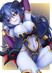 Rule 34 | 1girl, :p, absurdres, astaroth (shinrabanshou), black sclera, blue skin, breasts, clothing cutout, colored sclera, colored skin, demon girl, demon tail, earrings, gupunetsu, heart, heart earrings, highres, horns, jewelry, large breasts, long hair, looking at viewer, navel cutout, pointy ears, purple footwear, red wings, shinrabanshou, smile, solo, demon girl, tail, tongue, tongue out, wings