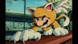 Rule 34 | 1boy, angry, animal ears, blue eyes, brown hair, cat ears, cat mario, cat tail, catsuit, claws, derivative work, facial hair, highres, mario, mario (series), mustache, nintendo, power-up, screenshot redraw, solo, tail, the super mario bros. movie, yinyanggio