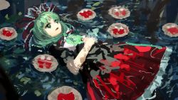 Rule 34 | 1girl, bare arms, dress, front ponytail, green eyes, green hair, hair ribbon, highres, kagiyama hina, long hair, open mouth, own hands together, partially submerged, red ribbon, ribbon, solo, suna (s73d), touhou, water