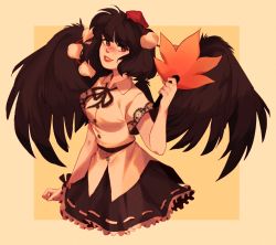 Rule 34 | 1girl, bad id, bad pixiv id, black hair, black ribbon, black skirt, blush, breasts, buttons, collared shirt, cowboy shot, cropped legs, feathered wings, film grain, freckles, frilled skirt, frills, hand fan, hat, hauchiwa, head tilt, highres, holding, holding fan, linmiee, medium breasts, neck ribbon, nose blush, outside border, parted lips, pom pom (clothes), red eyes, red hat, ribbon, shameimaru aya, shirt, short hair, skirt, solo, tareme, tokin hat, touhou, white shirt, wings, wrist ribbon, yellow background