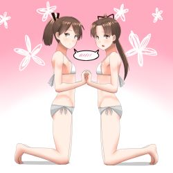 Rule 34 | 2girls, 30-06, :&lt;, :o, ayanami (kancolle), bad id, bad pixiv id, barefoot, bikini, blush, breasts, brown eyes, brown hair, from side, full body, hair ornament, kantai collection, kneeling, long hair, looking at viewer, multiple girls, parted bangs, ponytail, shikinami (kancolle), side-tie bikini bottom, small breasts, speech bubble, spoken blush, swimsuit, white bikini