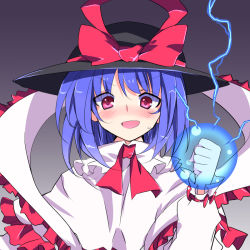 Rule 34 | &gt;:d, 1girl, :d, blush, capelet, clenched hand, electricity, glowing fist, hat, ichimura kanata, long sleeves, looking at viewer, looking down, nagae iku, open mouth, purple hair, red eyes, shawl, smile, solo, sweat, tareme, touhou, v-shaped eyebrows