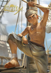 Rule 34 | 1boy, abs, absurdres, artist name, barefoot, beitemian, boat, brown eyes, brown hair, dagger, day, dirty, dirty clothes, dirty face, english text, feet, highres, huge filesize, jewelry, knife, male focus, navel, necklace, nipples, original, outdoors, pirate, sanpaku, shade, ship, solo, sweat, topless male, watercraft, weapon