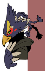 Rule 34 | 1boy, alternate costume, beak, bird boy, black sweater, blue fur, blue hair, blush stickers, body fur, braid, casual, cropped torso, from side, furry, furry male, green eyes, hair tie, half-closed eyes, hand on own chest, hand up, highres, hood, hood down, hooded sweater, looking at viewer, male focus, nintendo, parted lips, profile, quad tails, red background, revali, rito, short hair, simple background, sketch, solo, sweater, the legend of zelda, the legend of zelda: breath of the wild, two-tone background, two-tone fur, ukata, upper body, white fur