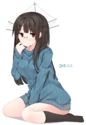 Rule 34 | 10s, 1girl, 2015, alternate costume, black hair, breasts, choukai (kancolle), clothes tug, dated, full body, glasses, headgear, highres, kantai collection, light smile, long hair, long sleeves, looking at viewer, no pants, ribbed sweater, simple background, sitting, solo, sweater, sweater tug, turtleneck, wariza, white background, yukichi (sukiyaki39)
