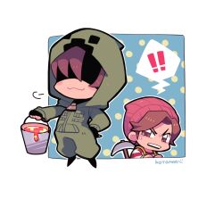 Rule 34 | !, !!, 2boys, :3, beanie, black gloves, blush stickers, brown eyes, bucket, chibi, fingerless gloves, full body, gloves, green jumpsuit, hat, holding, holding bucket, hood, hood up, jumpsuit, kotorai, lava, looking at another, male focus, marumaru no shuyaku wa wareware da!, minecraft, multiple boys, no nose, pickaxe, pink headwear, shaded face, shaoron, shirt, short hair, signature, smile, speech bubble, spoken exclamation mark, striped clothes, striped shirt, sweatdrop, teeth, upper teeth only, white background, zipper pull tab, zom