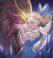 Rule 34 | 1girl, blonde hair, commentary request, creatures (company), crying, dress, entei, eyelashes, closed eyes, game freak, gen 2 pokemon, hair ornament, hands up, kusuribe, legendary pokemon, molly hale, nintendo, pokemon, pokemon (anime), pokemon (classic anime), pokemon (creature), pokemon 3: the movie - spell of the unown: entei, short sleeves, smile, tears