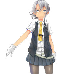 Rule 34 | 10s, 1girl, asymmetrical hair, bad id, bad pixiv id, black pantyhose, collared shirt, cowboy shot, flipped hair, gloves, grey eyes, grey skirt, highres, kantai collection, necktie, nowaki (kancolle), open clothes, open vest, pantyhose, pleated skirt, pump-uh, serious, shirt, silver hair, simple background, skirt, solo, standing, swept bangs, thigh gap, tie clip, vest, white background, white gloves, yellow necktie