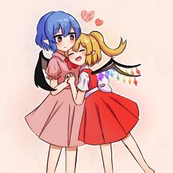 Rule 34 | 2girls, :d, ^ ^, ascot, barefoot, blonde hair, blue hair, blush, bow, closed eyes, collared shirt, commentary, crystal, cuddling, demon wings, english commentary, feet out of frame, ferdy&#039;s lab, flandre scarlet, hair between eyes, happy, heart, highres, holding hands, looking at another, medium hair, mixed-language commentary, multiple girls, no headwear, one side up, open mouth, outline, pink background, pink shirt, pink skirt, pointy ears, puffy short sleeves, puffy sleeves, red ascot, red eyes, red skirt, red vest, remilia scarlet, shirt, short hair, short sleeves, siblings, sidelocks, sisters, skirt, smile, touhou, vest, waist bow, white bow, white outline, white shirt, wings