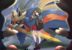 Rule 34 | 1girl, backpack, bag, bob cut, boots, bright pupils, brown bag, brown eyes, brown footwear, brown hair, cardigan, closed mouth, commentary, creatures (company), dress, eyelashes, game freak, gen 8 pokemon, gloria (pokemon), green headwear, green legwear, grey cardigan, hat, highres, holding, holding poke ball, hood, hood down, hooded cardigan, kneepits, legendary pokemon, lion (dielion), long sleeves, looking back, nintendo, outstretched arm, plaid, plaid legwear, poke ball, poke ball (basic), pokemon, pokemon (creature), pokemon swsh, short hair, socks, standing, tam o&#039; shanter, white pupils, zacian, zacian (crowned)