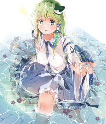 Rule 34 | 1girl, absurdres, barefoot, blue eyes, blue skirt, blush, breasts, collared shirt, commentary, detached sleeves, flower, frog hair ornament, full body, green hair, hair ornament, hair tubes, higa (gominami), highres, holding water, kochiya sanae, long hair, looking at viewer, medium breasts, nontraditional miko, open mouth, partially submerged, see-through, shirt, simple background, sitting, skirt, snake hair ornament, solo, touhou, water, wet, wet clothes, wet hair, white background, white shirt, wide sleeves