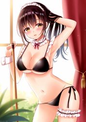 Rule 34 | 1girl, arm up, armpits, bare arms, bare shoulders, bikini, black bikini, blush, breasts, brown eyes, brown hair, cleavage, commentary request, contrapposto, curtains, frilled bikini, frills, hand in own hair, indoors, large breasts, leaning forward, bridal garter, long hair, looking at viewer, maid, maid headdress, navel, original, parted lips, sakura hiyori, side-tie bikini bottom, smile, solo, sweat, swimsuit, window, wrist cuffs