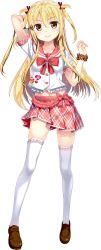 Rule 34 | 1girl, absurdres, animal print, arm up, blonde hair, full body, highres, leopard print, long hair, looking at viewer, midriff, orange eyes, pin, plaid, plaid skirt, pleated skirt, ribbon-trimmed legwear, ribbon trim, scrunchie, short sleeves, skirt, smile, solo, thighhighs, transparent background, two side up, white thighhighs, wrist scrunchie, zettai ryouiki