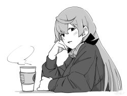 Rule 34 | 1girl, akashi (kancolle), alternate costume, coffee, cup, disposable cup, fujinoki (horonabe-ken), greyscale, hair ribbon, kantai collection, long hair, long sleeves, looking at viewer, monochrome, nail polish, open mouth, ribbon, simple background, solo, steam, sweater, swept bangs, tress ribbon, tumbler, upper body