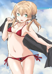 Rule 34 | 1girl, anchor hair ornament, bikini, black towel, blonde hair, blue sky, breasts, cloud, commentary request, cowboy shot, cross, fuji (pixiv24804665), green eyes, hair ornament, halterneck, highres, iron cross, kantai collection, long hair, looking at viewer, lowleg, lowleg bikini, open mouth, prinz eugen (kancolle), side-tie bikini bottom, sky, small breasts, solo, string bikini, swimsuit, teeth, twintails, upper teeth only