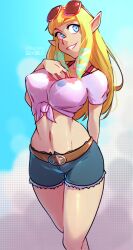 Rule 34 | 1girl, absurdres, alternate costume, arms behind back, belt, blonde hair, blue eyes, breasts, commentary, cowboy shot, cutoffs, day, denim, denim shorts, elf, english commentary, eyewear on head, groin, hand on own chest, haysey, highres, instagram logo, large breasts, lips, long hair, looking at viewer, midriff, navel, nintendo, open mouth, outdoors, patreon logo, pink shirt, pointy ears, princess zelda, shirt, short shorts, short sleeves, shorts, sky, smile, solo, standing, stomach, sunglasses, the legend of zelda, thighs, tied shirt, tumblr logo, twitter logo, twitter username