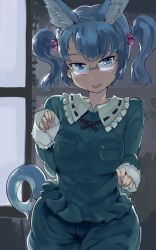 Rule 34 | 1girl, adapted costume, animal ears, backlighting, bespectacled, blue eyes, blue hair, blunt bangs, breasts, cat ears, cat tail, claw pose, cowboy shot, frilled shirt collar, frills, glasses, hair bobbles, hair ornament, hand up, head tilt, hip focus, indoors, kawashiro nitori, kemonomimi mode, long sleeves, looking at viewer, medium breasts, paw pose, ribbon-trimmed collar, ribbon trim, semi-rimless eyewear, sinzan, solo, tail, tongue, tongue out, touhou, twintails, under-rim eyewear, wide hips