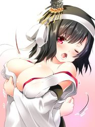 Rule 34 | 10s, 1girl, ;o, bare shoulders, black hair, blush, breasts, cleavage, crossed arms, detached sleeves, hair ornament, headband, japanese clothes, kadokawa shoten, kantai collection, large breasts, long sleeves, looking at viewer, maki (seventh heaven maxion), miko, no bra, nontraditional miko, one-hour drawing challenge, one eye closed, open mouth, red eyes, solo, upper body, wardrobe malfunction, wide sleeves, yamashiro (kancolle), yamashiro kai ni (kancolle)