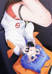 Rule 34 | 1girl, ass, blue eyes, blue hair, chestnut mouth, copyright request, feet out of frame, glasses, hair ornament, hairclip, hands on headphones, hands up, headphones, headphones around neck, highres, jacket, kitasaya ai, knees up, long sleeves, looking at viewer, parted lips, puffy long sleeves, puffy sleeves, red skirt, skirt, sleeves past wrists, solo, thigh strap, virtual youtuber, white jacket, x hair ornament