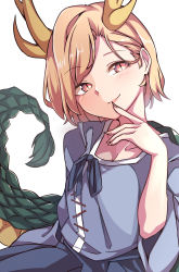 Rule 34 | 1girl, absurdres, antlers, blonde hair, blue shirt, blue skirt, blush, commentary request, dragon tail, finger to mouth, fingernails, gokuu (acoloredpencil), hair behind ear, hand up, head tilt, highres, horns, kicchou yachie, long fingernails, looking at viewer, red eyes, shirt, short hair, simple background, skirt, smile, solo, swept bangs, tail, touhou, turtle shell, upper body, white background