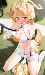 Rule 34 | 1girl, absurdres, ahoge, animal ears, arm strap, armpit crease, bare shoulders, between legs, blonde hair, blue archive, bluerabbit gap, blurry, blush, breasts, cheerleader, cleavage, collarbone, crop top, depth of field, dog ears, dog tail, embarrassed, extra ears, gloves, grass, hairband, halo, halterneck, hand between legs, highres, kemonomimi mode, kotori (blue archive), kotori (cheer squad) (blue archive), large breasts, leash, looking at viewer, microskirt, midriff, miniskirt, navel, nose blush, official alternate costume, open mouth, pleated skirt, pom pom (cheerleading), red eyes, seiza, shirt, short hair, sitting, skindentation, skirt, sleeveless, sleeveless shirt, smile, socks, solo, stomach, tail, thighlet, thighs, two-tone shirt, white gloves, white shirt, white skirt, white socks, wing collar