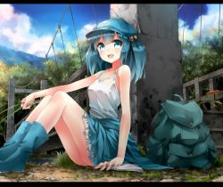 Rule 34 | 1girl, :d, backpack, bad id, bad pixiv id, bag, bare shoulders, blue eyes, blue hair, bon, boots, breasts, bridge, cleavage, clothes around waist, cloud, day, female focus, jacket, jacket around waist, kawashiro nitori, letterboxed, looking at viewer, matching hair/eyes, medium breasts, open mouth, outstretched arm, randoseru, rubber boots, sitting, skirt, sky, smile, solo, tank top, touhou, tree, twintails, two side up