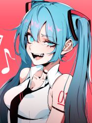 Rule 34 | 1girl, :d, absurdres, bare shoulders, blue eyes, blue hair, breasts, hair between eyes, half-closed eye, hatsune miku, highres, j.k., long hair, looking at viewer, musical note, necktie, open mouth, red background, simple background, sleeveless, smile, solo, teeth, twintails, vocaloid